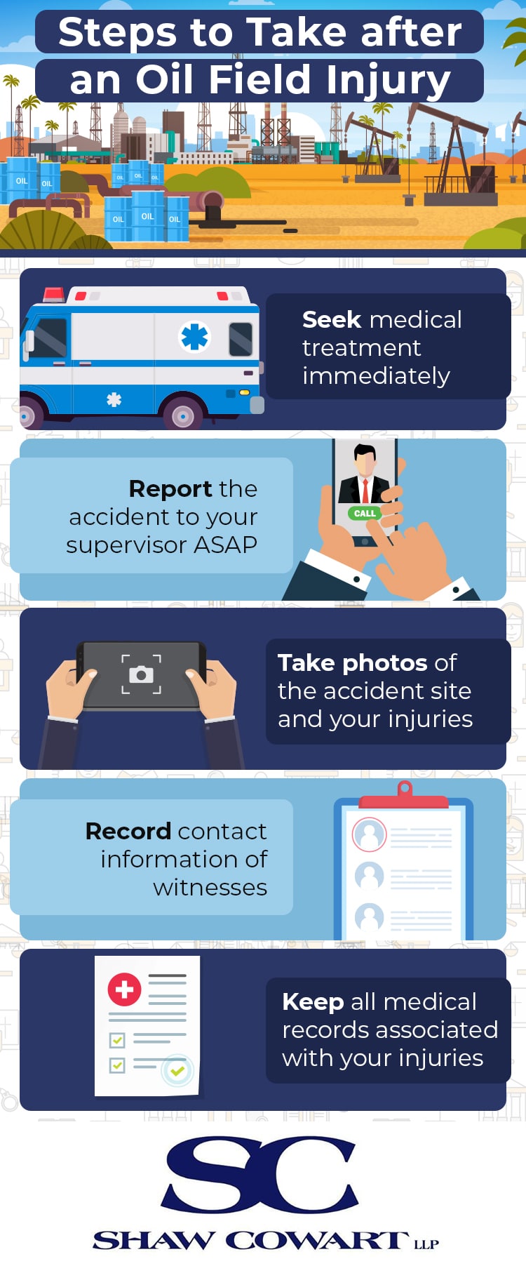 infographic highlighting the steps to take after an oil field accident