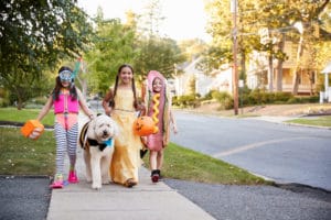 A group of three children and a dog in Halloween costumes walks down a neighborhood sidewalk